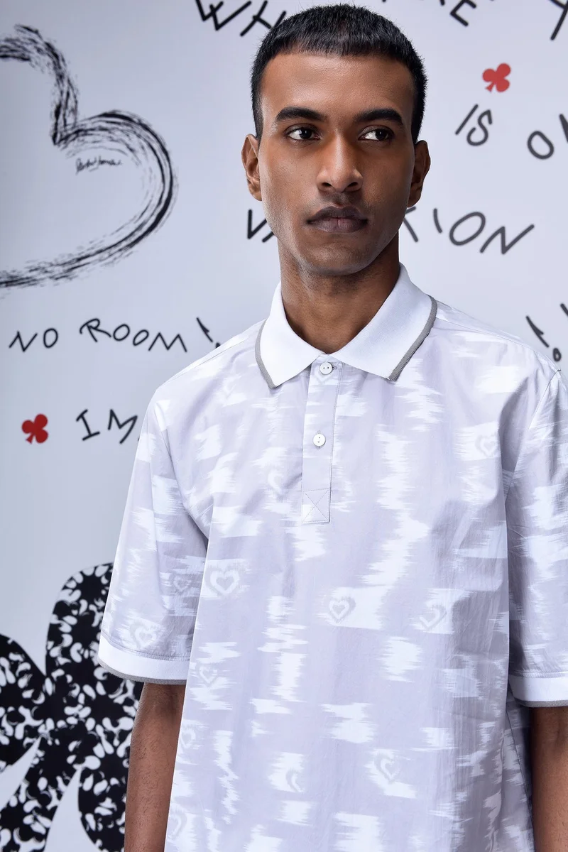 Genes Lecoanet Hemant Ikkat Print Polo- Pearl Grey